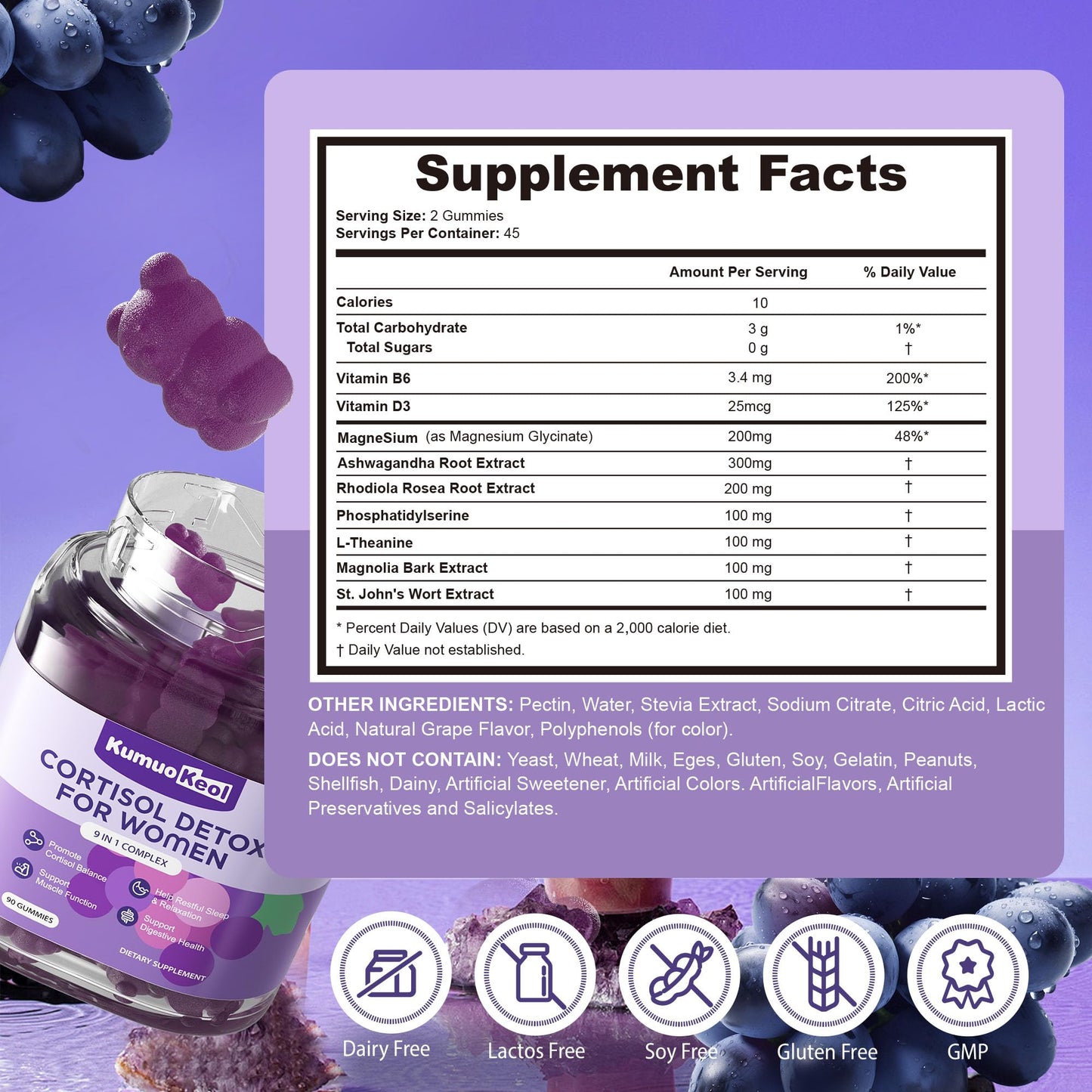 Cortisol Supplements for Women, Lower Cortisol for Women, Cortisol Gummies with Ashwagandha, Magnesium, L-Theanine, Phosphatidylserine, Vitamin, Relaxation, Focus, Sugar-Free, Vegan, 90 Count - Maple Wellness Supplements