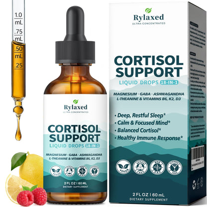Cortisol Supplements for Women & Men, 18 in 1 Stress & Mood Support Drops with Magnesium 480mg, GABA, Ashwagandha, L-Theanine & Phosphatidylserine, for Relaxation & Sleep, Lemon Raspberry Flavor 60mL - Maple Wellness Supplements