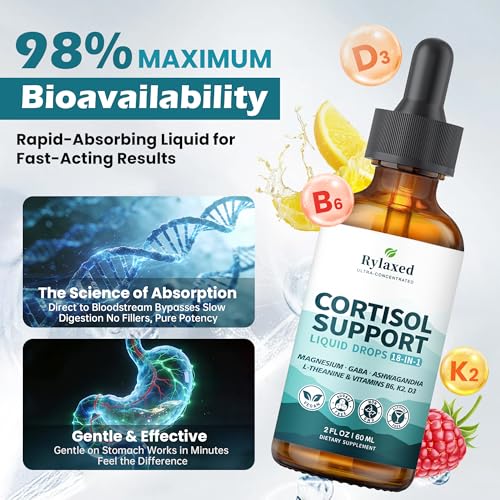Cortisol Supplements for Women & Men, 18 in 1 Stress & Mood Support Drops with Magnesium 480mg, GABA, Ashwagandha, L-Theanine & Phosphatidylserine, for Relaxation & Sleep, Lemon Raspberry Flavor 60mL - Maple Wellness Supplements