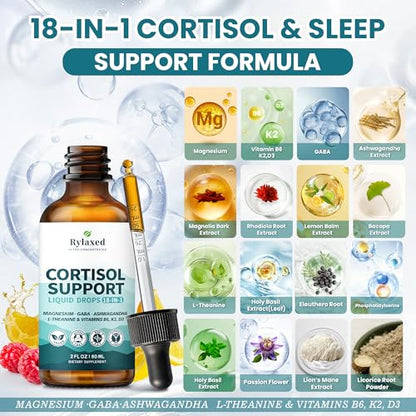 Cortisol Supplements for Women & Men, 18 in 1 Stress & Mood Support Drops with Magnesium 480mg, GABA, Ashwagandha, L-Theanine & Phosphatidylserine, for Relaxation & Sleep, Lemon Raspberry Flavor 60mL - Maple Wellness Supplements