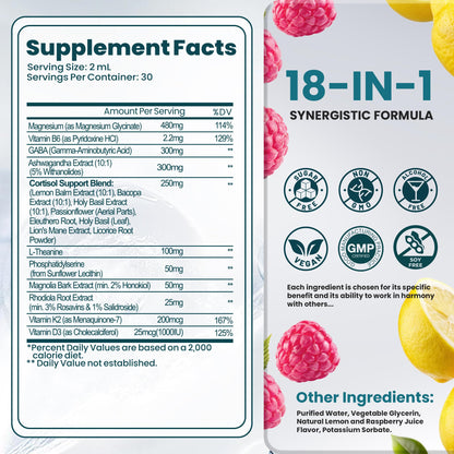 Cortisol Supplements for Women & Men, 18 in 1 Stress & Mood Support Drops with Magnesium 480mg, GABA, Ashwagandha, L-Theanine & Phosphatidylserine, for Relaxation & Sleep, Lemon Raspberry Flavor 60mL - Maple Wellness Supplements