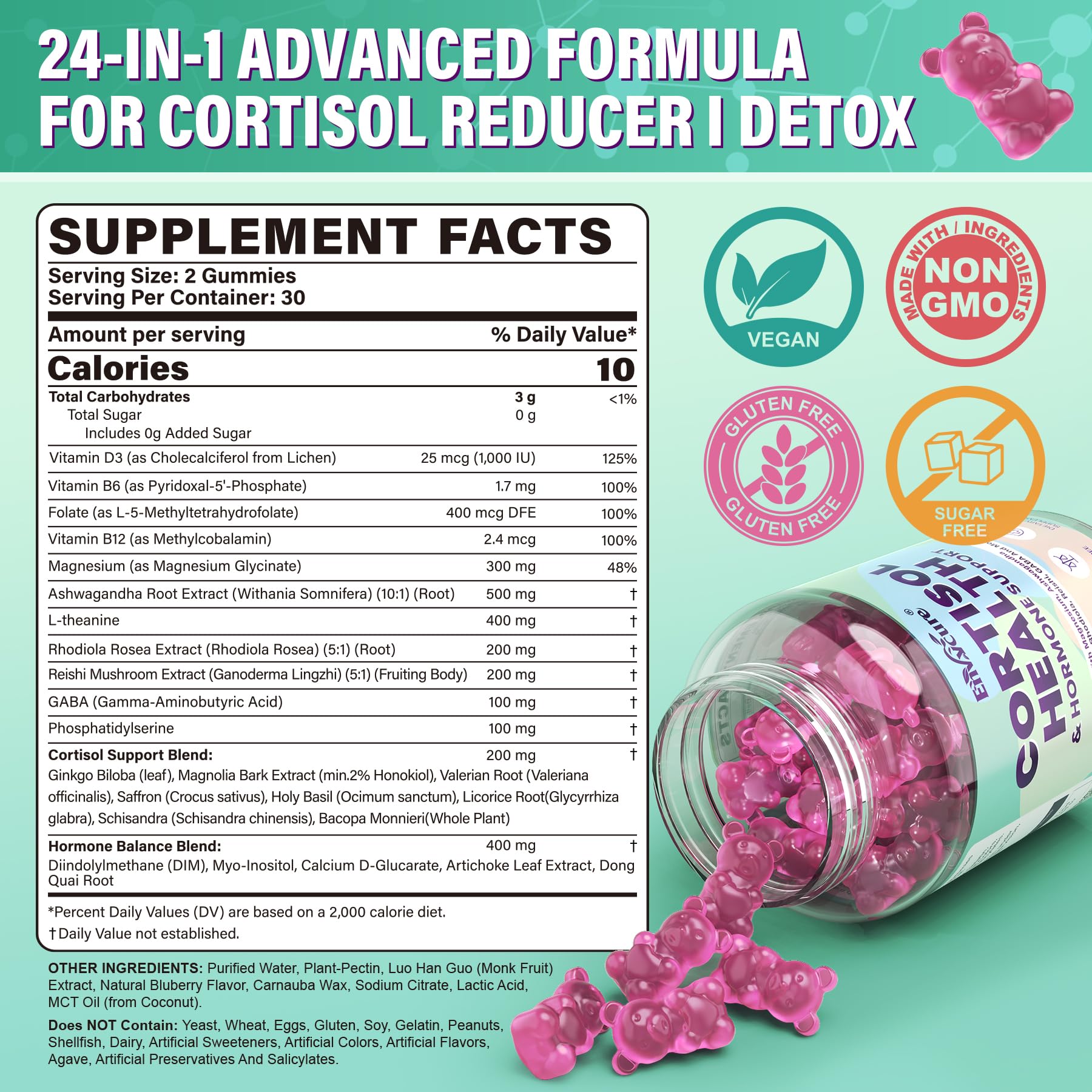 Cortisol Supplements for Women & Men, Cortisol Reducer Gummies w/ Magnesium, Ashwagandha, L-Theanine, Rhodiola, Reishi, 24 IN 1 Cortisol Detox Manager for Calm Mood, Focus & Relaxation,Vegan, 120 Cts - Maple Wellness Supplements