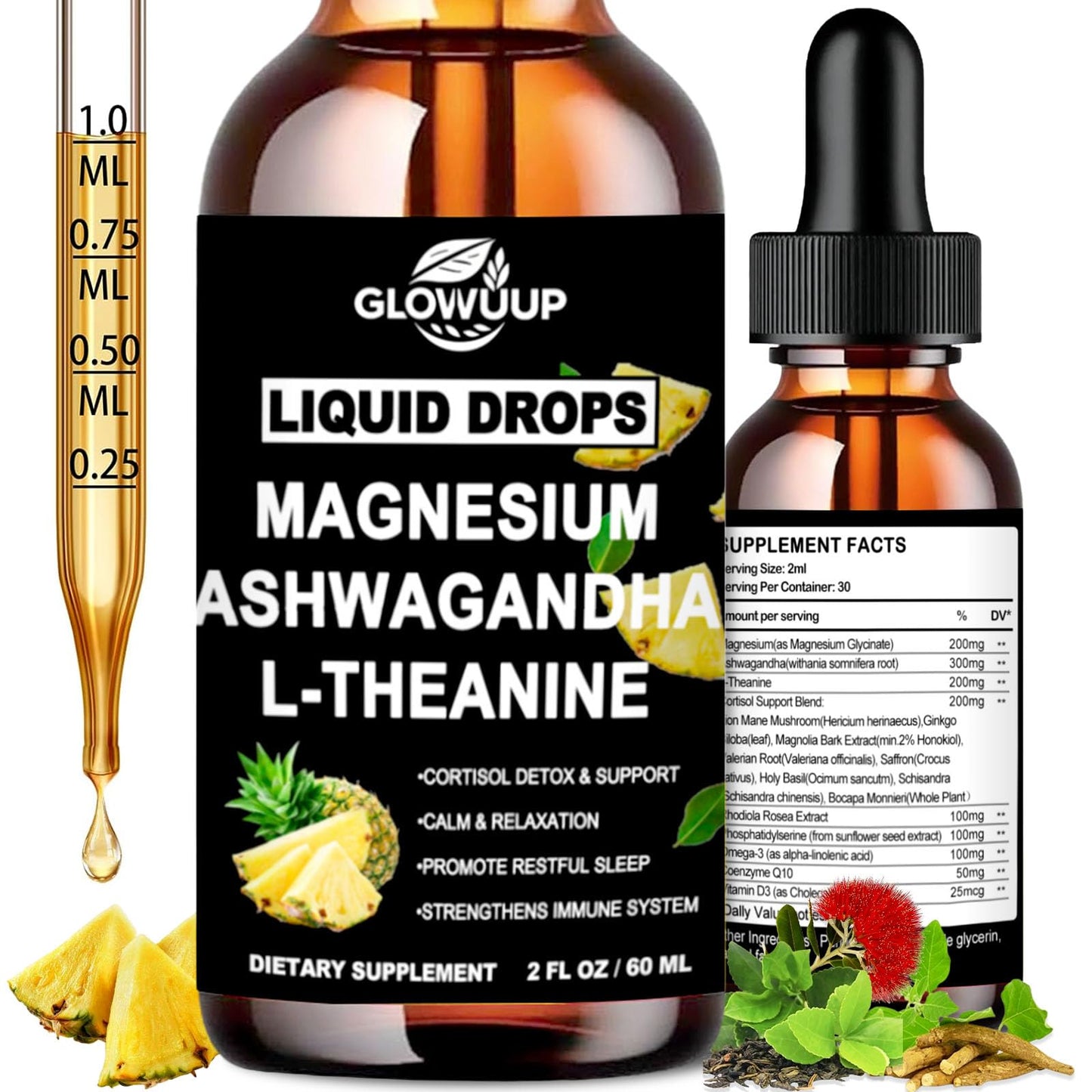 Cortisol Supplements for Women & Men, Cortisol Reducer Manager Detox Liquid Drops Extra Strength Magnesium Glycinate 200mg, L-Theanine & Ashwagandha丨Hormone Balance, Relaxation & Recess Mood - Maple Wellness Supplements