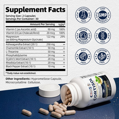 Cortisol Supplements for Women & Men,High Cortisol Reducer, Manager, Detox, Lower and Control,with Magnesium, Ashwagandha,Rhodiola, L-Theanine for Mood,Focus,Sleep - Maple Wellness Supplements