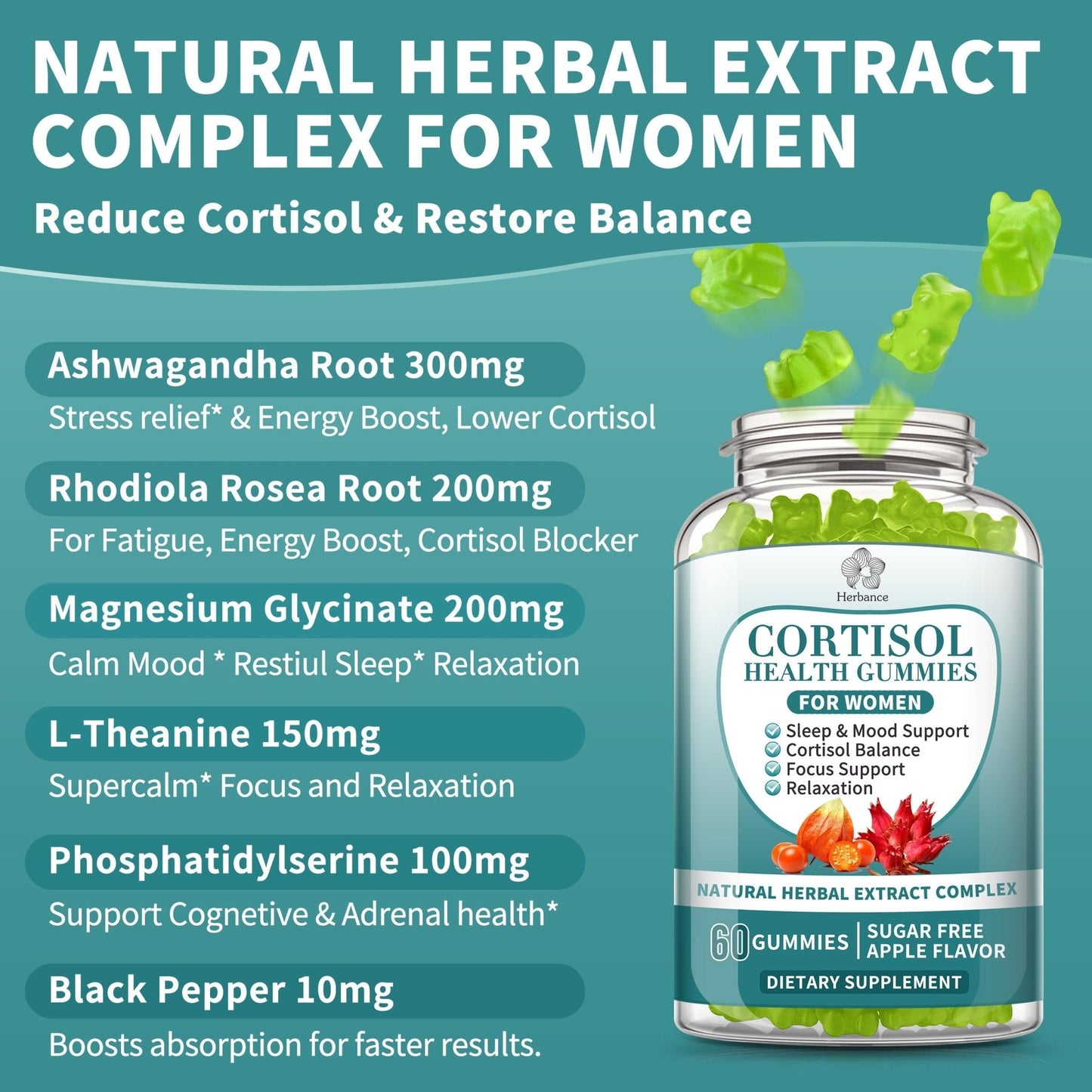 Cortisol Supplements Gummies for Women, Cortisol Reducer w.Ashwagandha Rhodiola Rosea Magnesium L-Theanine Phosphatidylserine Black Peper, Hormone Balanced & Lower Cortisol - 30 Day Vegan Supply - Maple Wellness Supplements