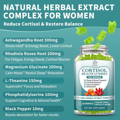 Cortisol Supplements Gummies for Women, Cortisol Reducer w.Ashwagandha Rhodiola Rosea Magnesium L-Theanine Phosphatidylserine Black Peper, Hormone Balanced & Lower Cortisol - 30 Day Vegan Supply - Maple Wellness Supplements