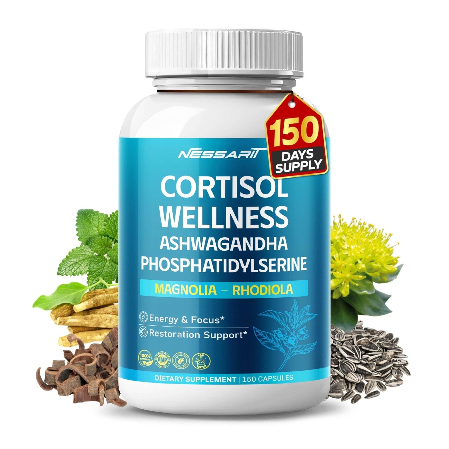 CORTISOL Wellness Ashwagandha 14-in-1 Natural Blend with Phosphatidylserine Magnolia Rhodiola St. John's Wort Peppermint Bacopa - 150 Count - Maple Wellness Supplements