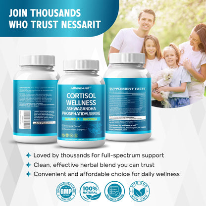 CORTISOL Wellness Ashwagandha 14-in-1 Natural Blend with Phosphatidylserine Magnolia Rhodiola St. John's Wort Peppermint Bacopa - 150 Count - Maple Wellness Supplements