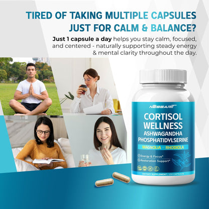 CORTISOL Wellness Ashwagandha 14-in-1 Natural Blend with Phosphatidylserine Magnolia Rhodiola St. John's Wort Peppermint Bacopa - 150 Count - Maple Wellness Supplements