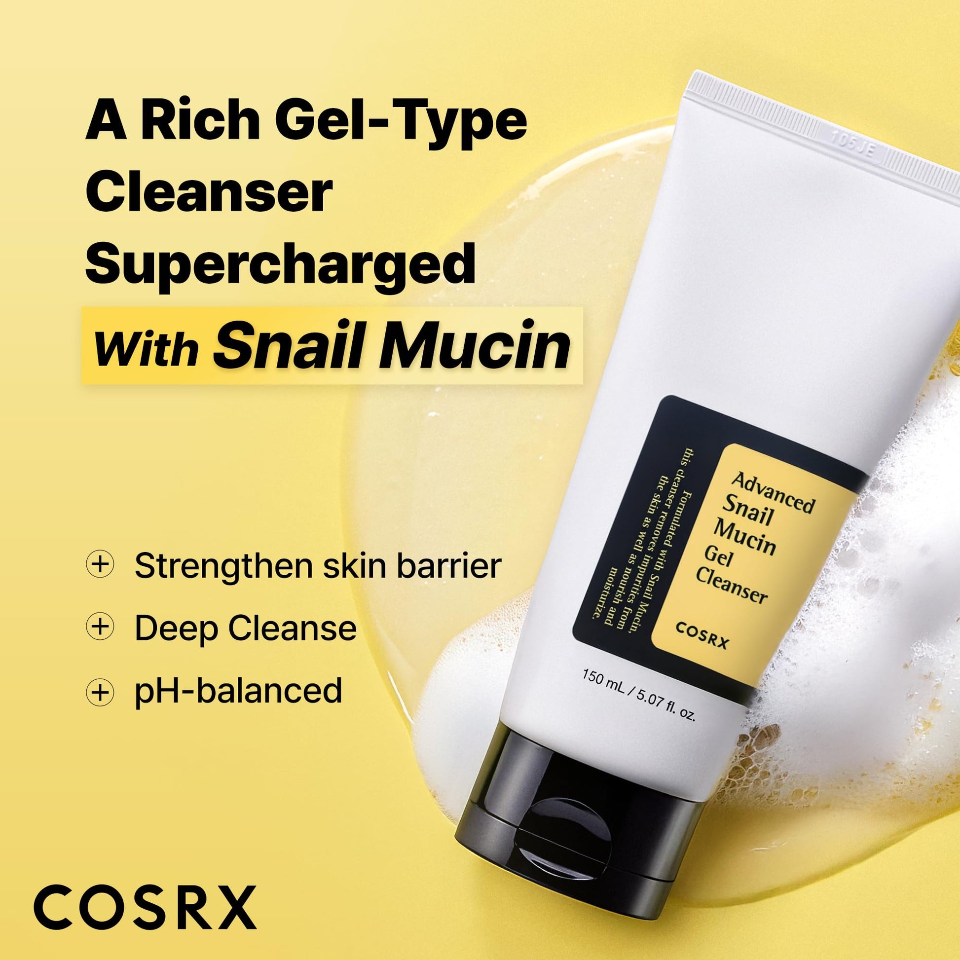 COSRX Advanced Snail Mucin Gel Cleanser, 5.07 Fl Oz / 150 mL, Rich Daily Deep Cleansing Gel for Dry & Sensitive Skin - Maple Wellness Supplements