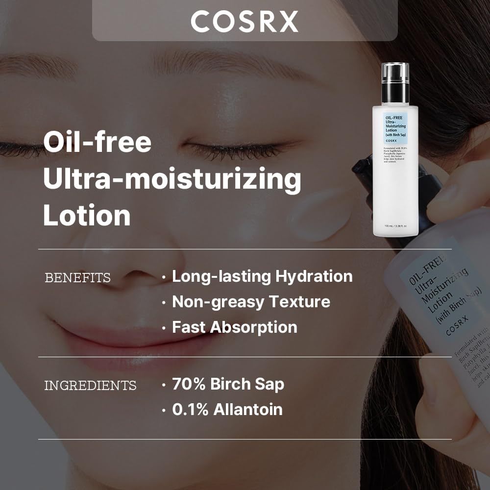 COSRX Oil Free Lotion with Birch Sap, Daily Acne Facial Moisturizer, Hydrating Moisturizer for All Skin Types, Korean Skin Care, 3.38 fl.oz / 100ml - Maple Wellness Supplements