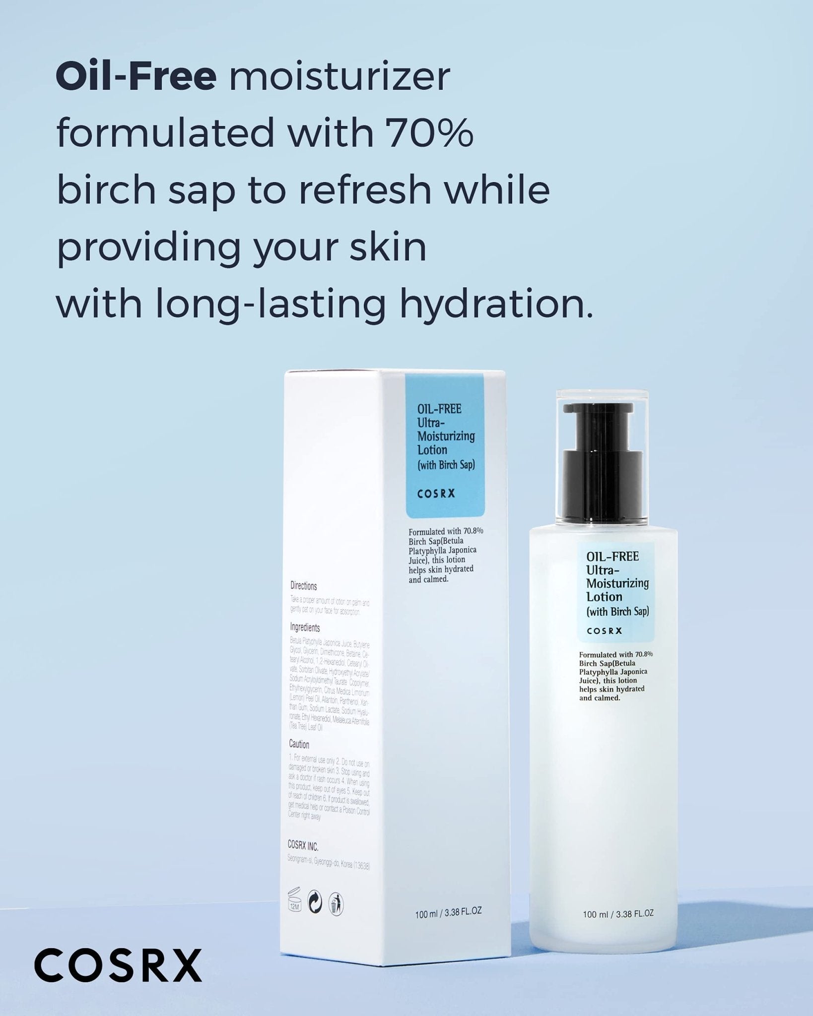 COSRX Oil Free Lotion with Birch Sap, Daily Acne Facial Moisturizer, Hydrating Moisturizer for All Skin Types, Korean Skin Care, 3.38 fl.oz / 100ml - Maple Wellness Supplements