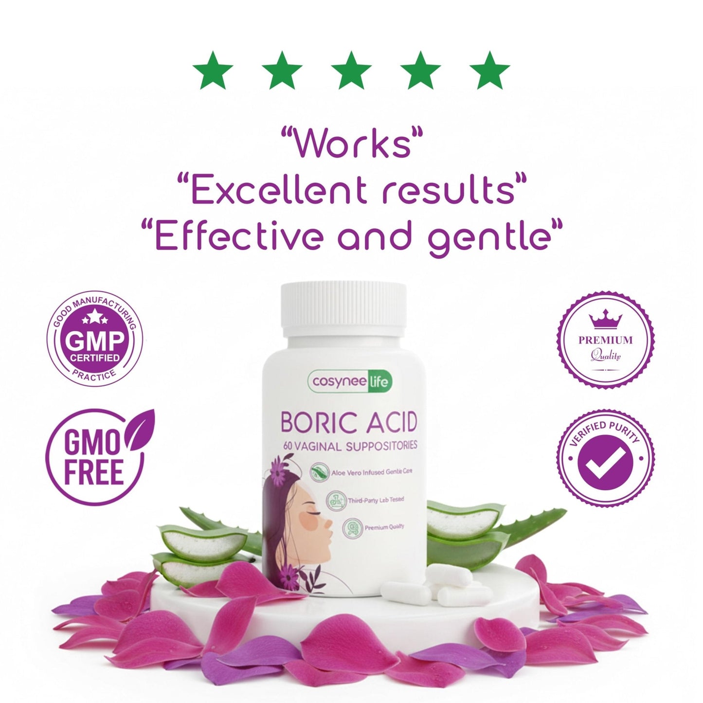 cosynee Boric Acid Capsules for Women with Aloe Vera – 60 Capsules, 650mg Each – Feminine Hygiene Support - Maple Wellness Supplements