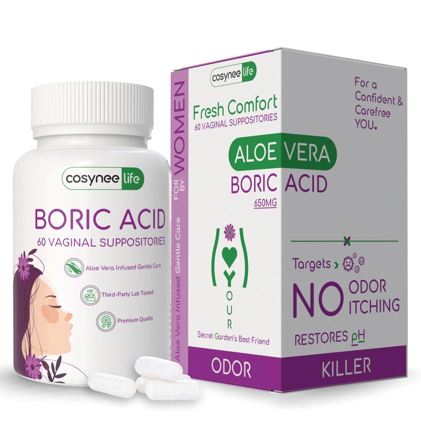 cosynee Boric Acid Capsules for Women with Aloe Vera – 60 Capsules, 650mg Each – Feminine Hygiene Support - Maple Wellness Supplements