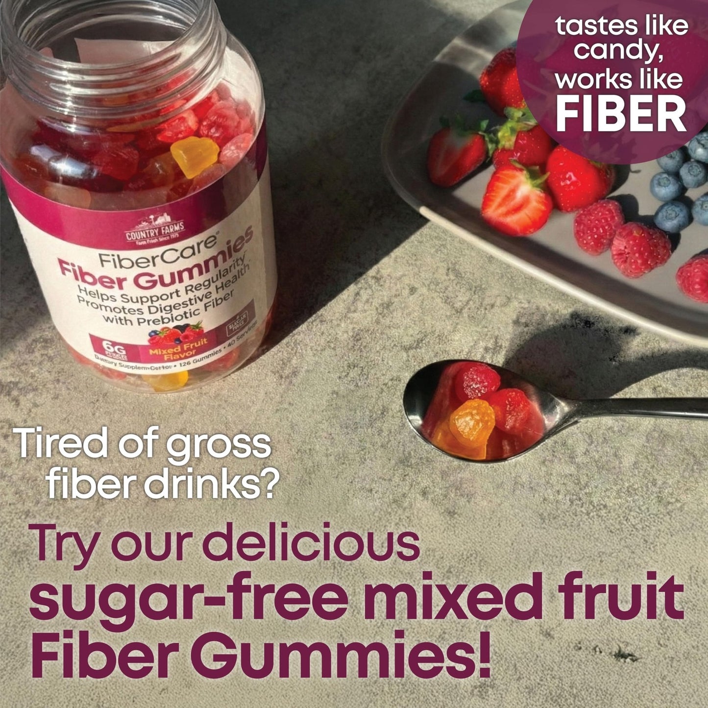 Country Farms Fiber Care Prebiotic Gummies, 6g of Fiber Per Serving, FOS from Beets, Digestive Health, Supports Regularity, Mixed Fruit Flavor - Maple Wellness Supplements