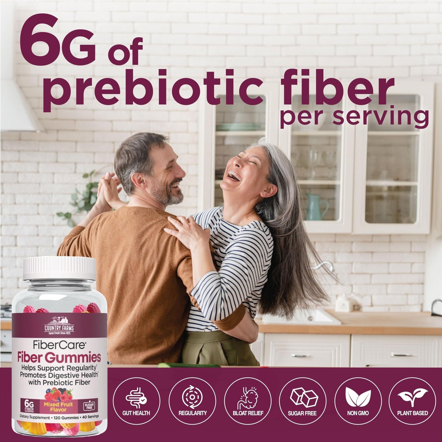 Country Farms Fiber Care Prebiotic Gummies, 6g of Fiber Per Serving, FOS from Beets, Digestive Health, Supports Regularity, Mixed Fruit Flavor - Maple Wellness Supplements