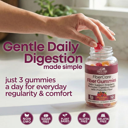 Country Farms Fiber Care Prebiotic Gummies, 6g of Fiber Per Serving, FOS from Beets, Digestive Health, Supports Regularity, Mixed Fruit Flavor - Maple Wellness Supplements