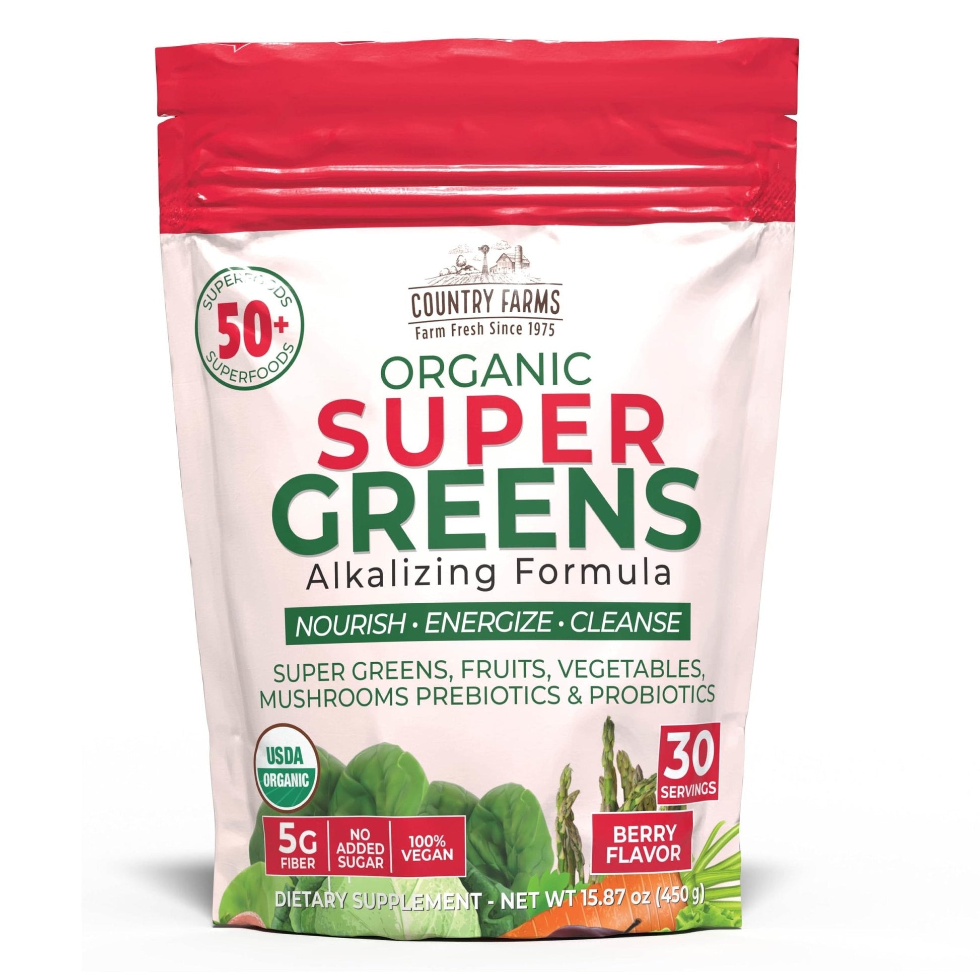 Country Farms Super Greens Berry Flavor, 50 Organic Super Foods, USDA Organic Drink Mix (Wheat Grass, Spirulina, Chlorella) Mushrooms & Probiotics, with Fiber, Gut Health, Natural Energy, 30 Servings - Maple Wellness Supplements