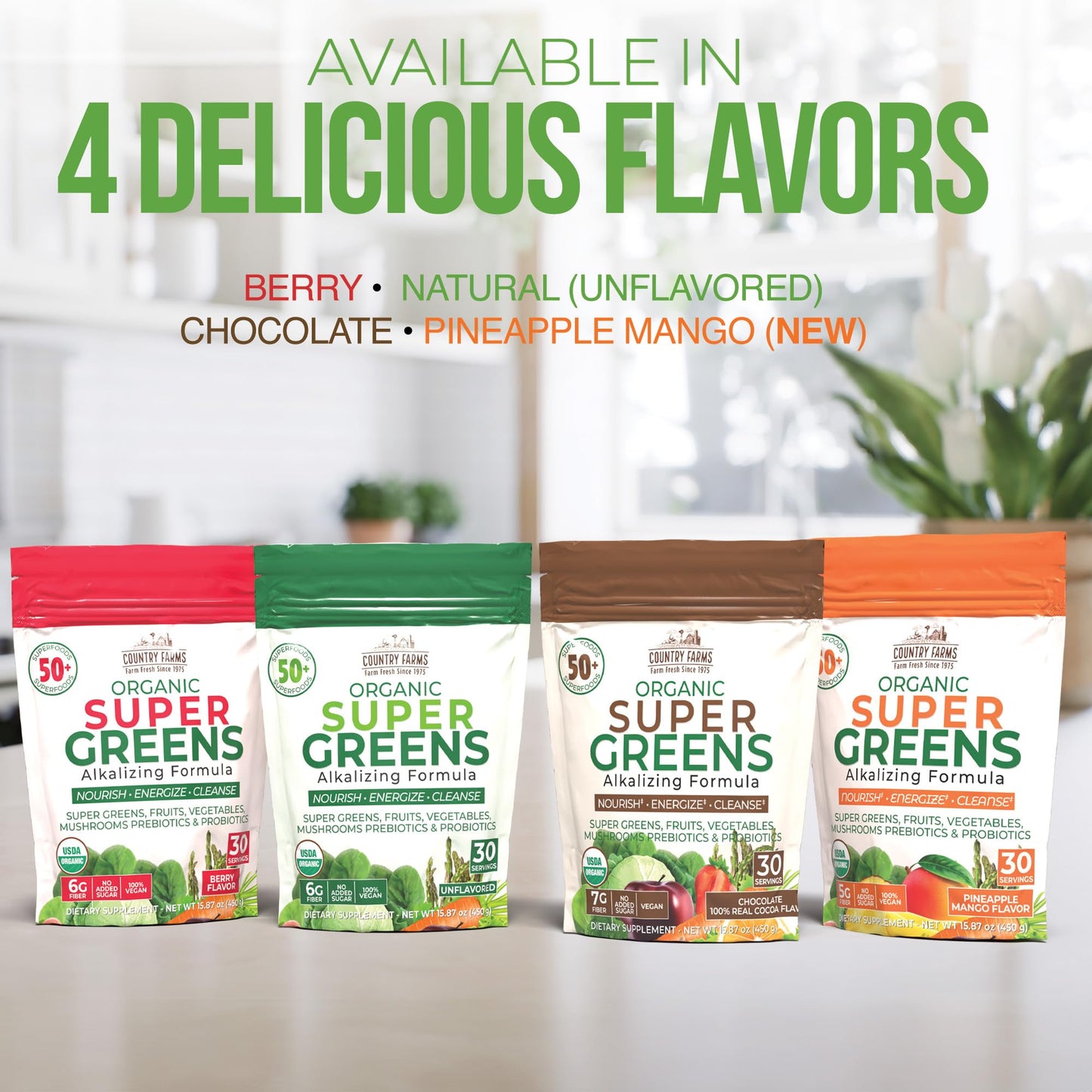 Country Farms Super Greens Berry Flavor, 50 Organic Super Foods, USDA Organic Drink Mix (Wheat Grass, Spirulina, Chlorella) Mushrooms & Probiotics, with Fiber, Gut Health, Natural Energy, 30 Servings - Maple Wellness Supplements