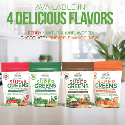 Country Farms Super Greens Berry Flavor, 50 Organic Super Foods, USDA Organic Drink Mix (Wheat Grass, Spirulina, Chlorella) Mushrooms & Probiotics, with Fiber, Gut Health, Natural Energy, 30 Servings - Maple Wellness Supplements