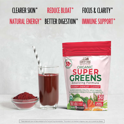 Country Farms Super Greens Berry Flavor, 50 Organic Super Foods, USDA Organic Drink Mix (Wheat Grass, Spirulina, Chlorella) Mushrooms & Probiotics, with Fiber, Gut Health, Natural Energy, 30 Servings - Maple Wellness Supplements