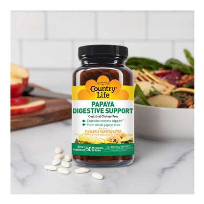 Country Life Chewable Papaya Enzymes for Digestion Support - Natural Pineapple & Papaya Flavor, Assists with Nutrient Absorption - Maple Wellness Supplements