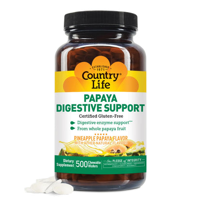 Country Life Chewable Papaya Enzymes for Digestion Support - Natural Pineapple & Papaya Flavor, Assists with Nutrient Absorption - Maple Wellness Supplements