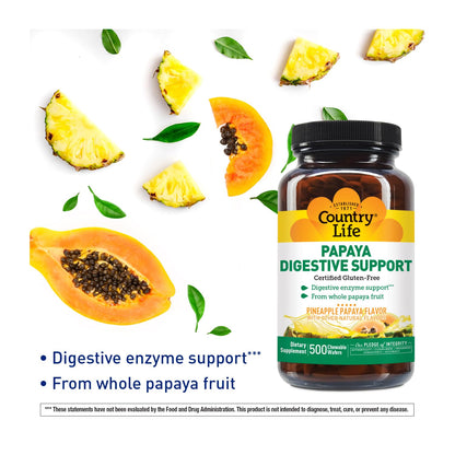 Country Life Chewable Papaya Enzymes for Digestion Support - Natural Pineapple & Papaya Flavor, Assists with Nutrient Absorption - Maple Wellness Supplements