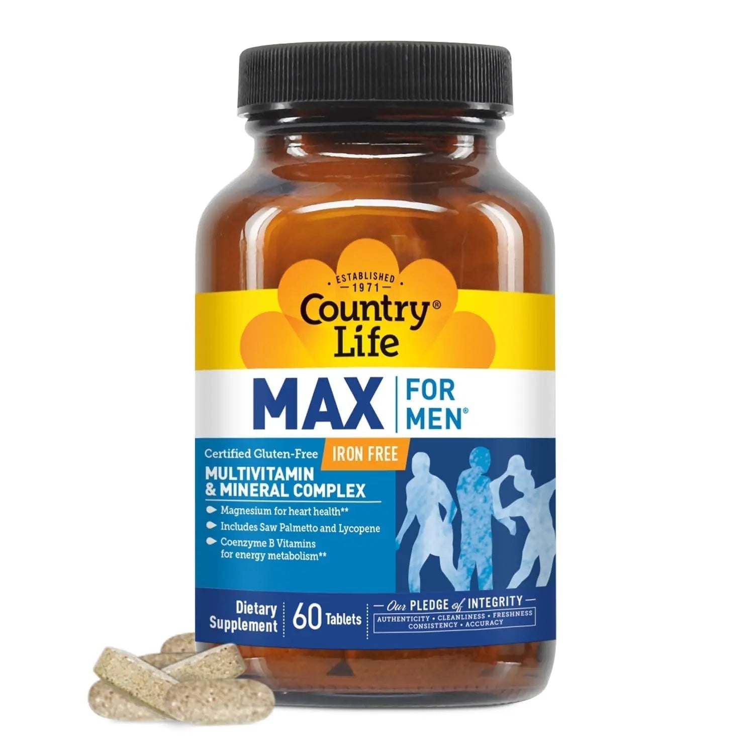Country Life Max for Men, Multivitamin & Mineral complex, Iron-Free, Vegetarian Tablets, 60 Count, Certified Gluten Free, Certified Vegetarian - Maple Wellness Supplements
