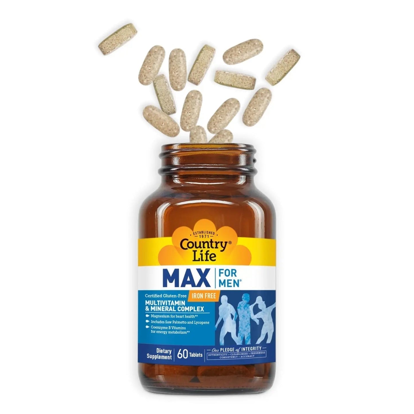 Country Life Max for Men, Multivitamin & Mineral complex, Iron-Free, Vegetarian Tablets, 60 Count, Certified Gluten Free, Certified Vegetarian - Maple Wellness Supplements