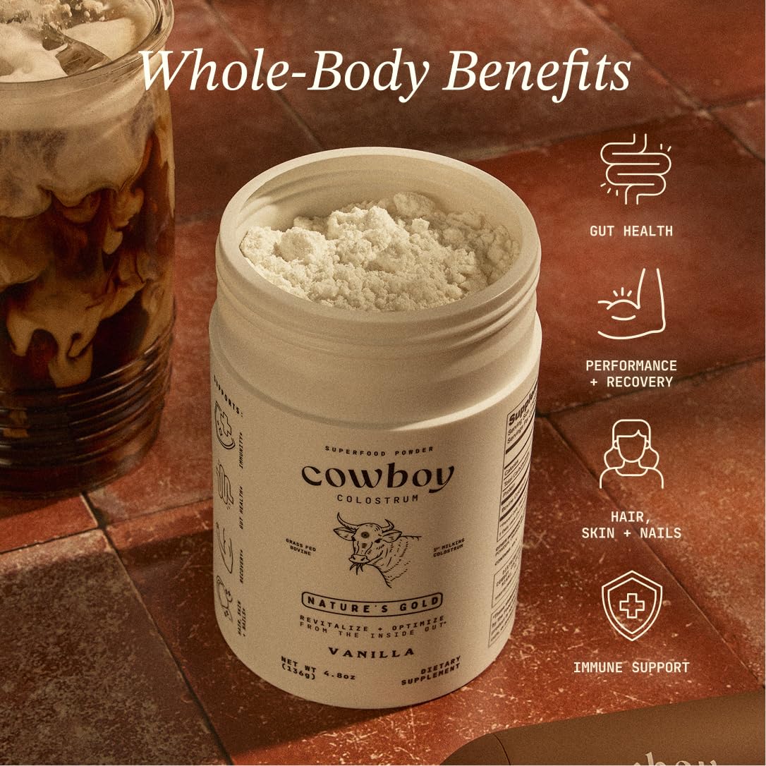 Cowboy - The Exclusive 1st Milking, Whole, Grass Fed Colostrum Supplement for Full Body Health - Bovine Colostrum Powder Packed w/Bioactive Nutrients - Sugar Free (Vanilla, 40 Servings) - Maple Wellness Supplements