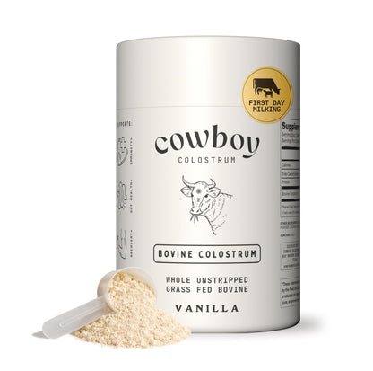Cowboy - The Exclusive 1st Milking, Whole, Grass Fed Colostrum Supplement for Full Body Health - Bovine Colostrum Powder Packed w/Bioactive Nutrients - Sugar Free (Vanilla, 40 Servings) - Maple Wellness Supplements