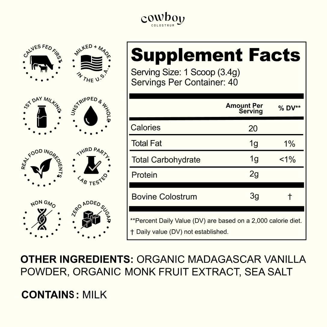 Cowboy - The Exclusive 1st Milking, Whole, Grass Fed Colostrum Supplement for Full Body Health - Bovine Colostrum Powder Packed w/Bioactive Nutrients - Sugar Free (Vanilla, 40 Servings) - Maple Wellness Supplements