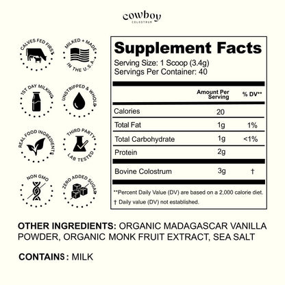 Cowboy - The Exclusive 1st Milking, Whole, Grass Fed Colostrum Supplement for Full Body Health - Bovine Colostrum Powder Packed w/Bioactive Nutrients - Sugar Free (Vanilla, 40 Servings) - Maple Wellness Supplements