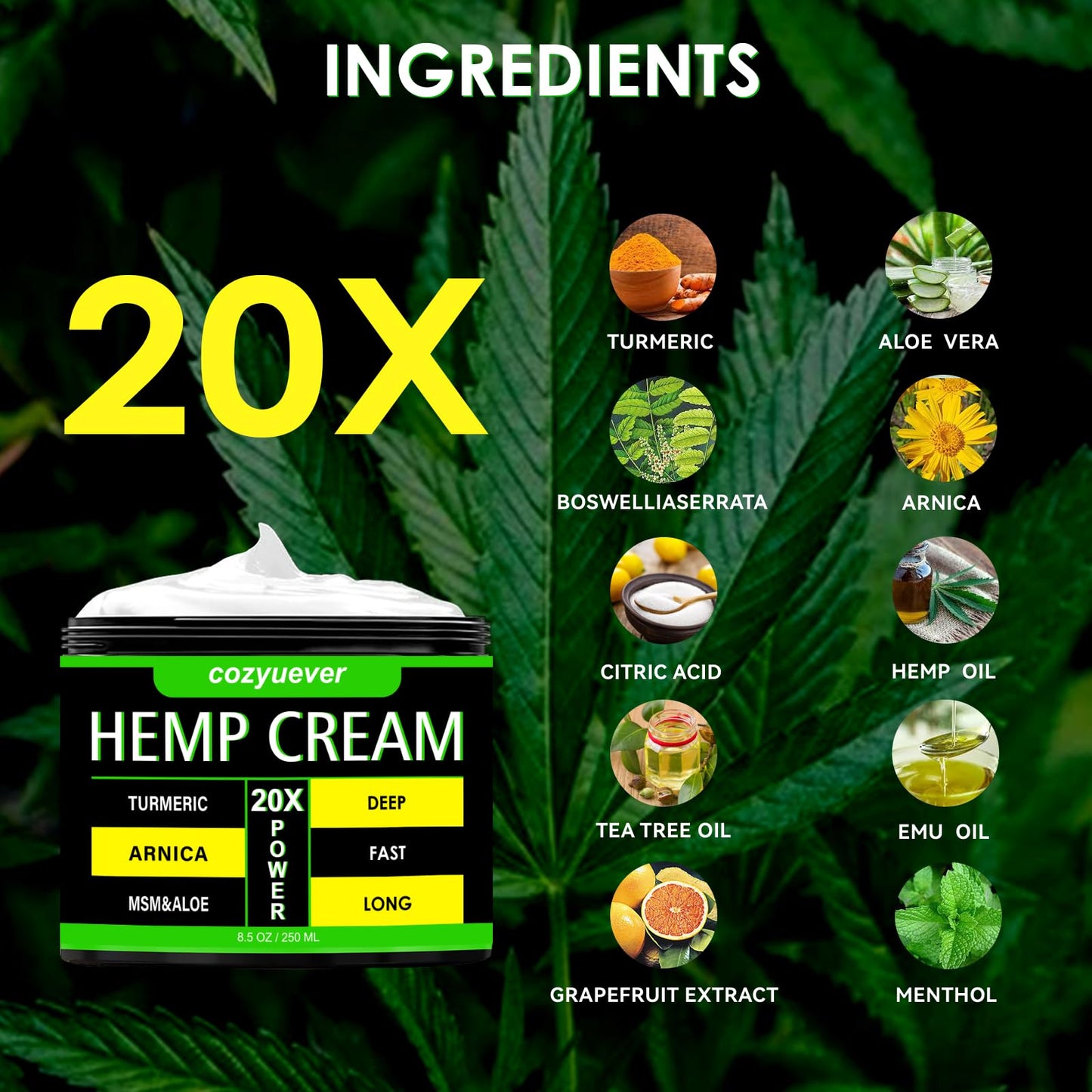 cozyuever 8.5 Oz Hemp Cream with Arnica, Menthol, Aloe, Emu Oil, Turmeric - Maple Wellness Supplements