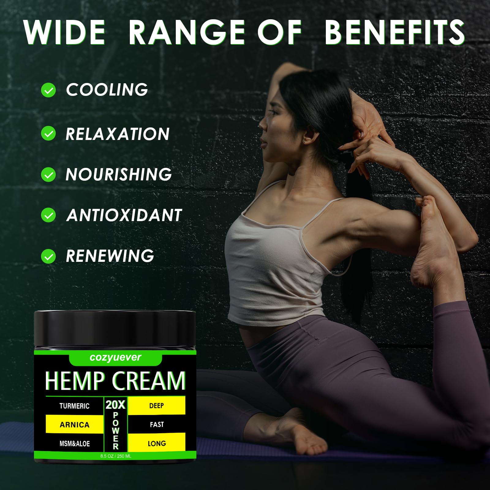 cozyuever 8.5 Oz Hemp Cream with Arnica, Menthol, Aloe, Emu Oil, Turmeric - Maple Wellness Supplements