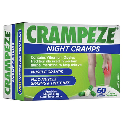 Crampeze Night Cramps Natural Relief of Muscle Cramps, Spasms & Tired Legs 60 Capsules - Maple Wellness Supplements