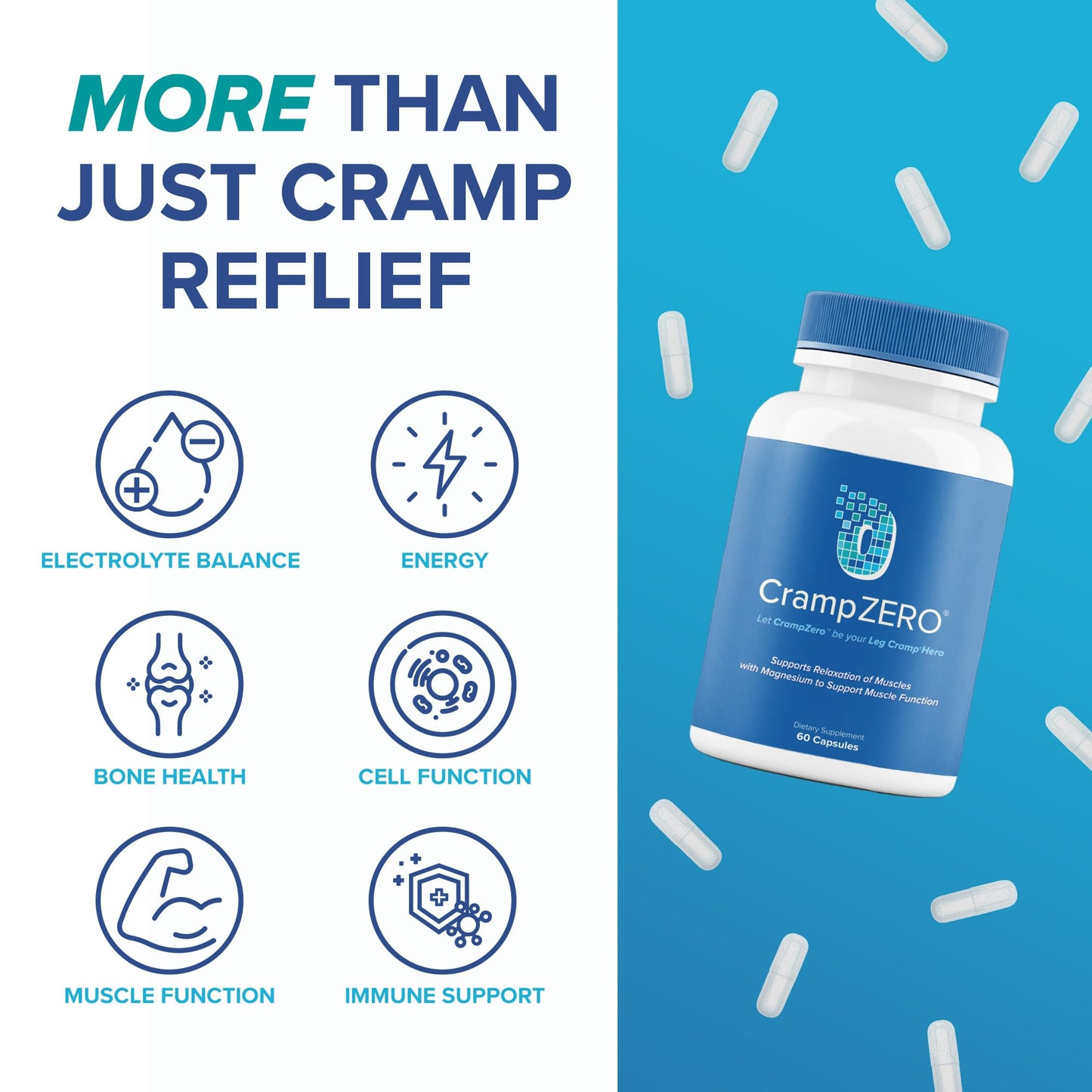 CrampZero Magnesium for Leg Cramps at Night – Potassium Magnesium Supplement with Calcium and Vitamin D3, Supports Muscle Relaxation and Function, Night Leg Cramps Relief, 60 Capsules - Maple Wellness Supplements