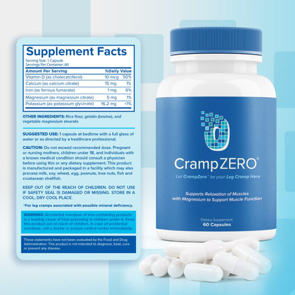 CrampZero Magnesium for Leg Cramps at Night – Potassium Magnesium Supplement with Calcium and Vitamin D3, Supports Muscle Relaxation and Function, Night Leg Cramps Relief, 60 Capsules - Maple Wellness Supplements
