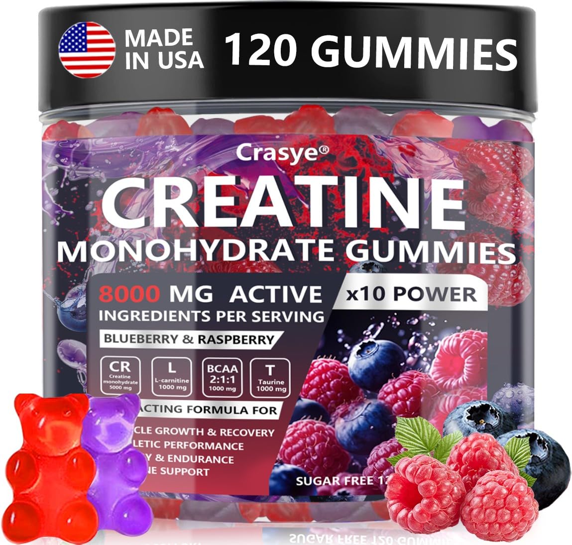Crasye Creatine Gummies Complex 8000mg for Men and Women Creatine Monohydrate Gummy with BCAA Taurine for Muscle Strength and Energy Boost Sugar - Maple Wellness Supplements