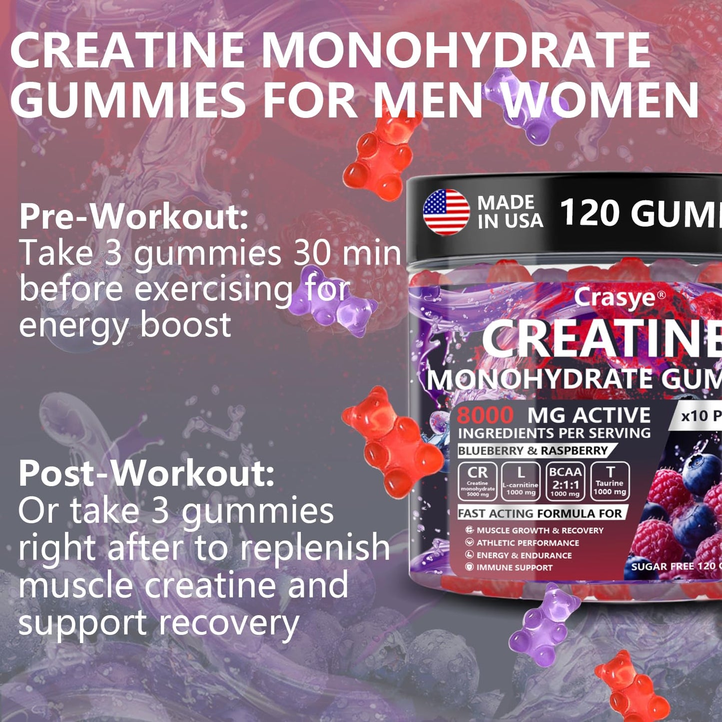 Crasye Creatine Gummies Complex 8000mg for Men and Women Creatine Monohydrate Gummy with BCAA Taurine for Muscle Strength and Energy Boost Sugar - Maple Wellness Supplements