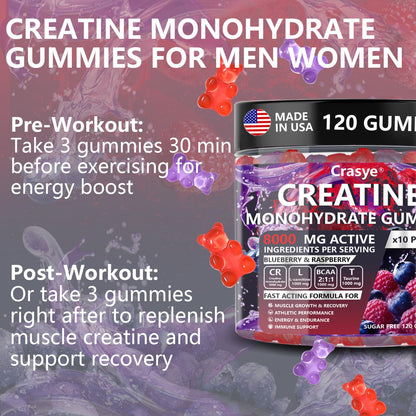 Crasye Creatine Gummies Complex 8000mg for Men and Women Creatine Monohydrate Gummy with BCAA Taurine for Muscle Strength and Energy Boost Sugar - Maple Wellness Supplements