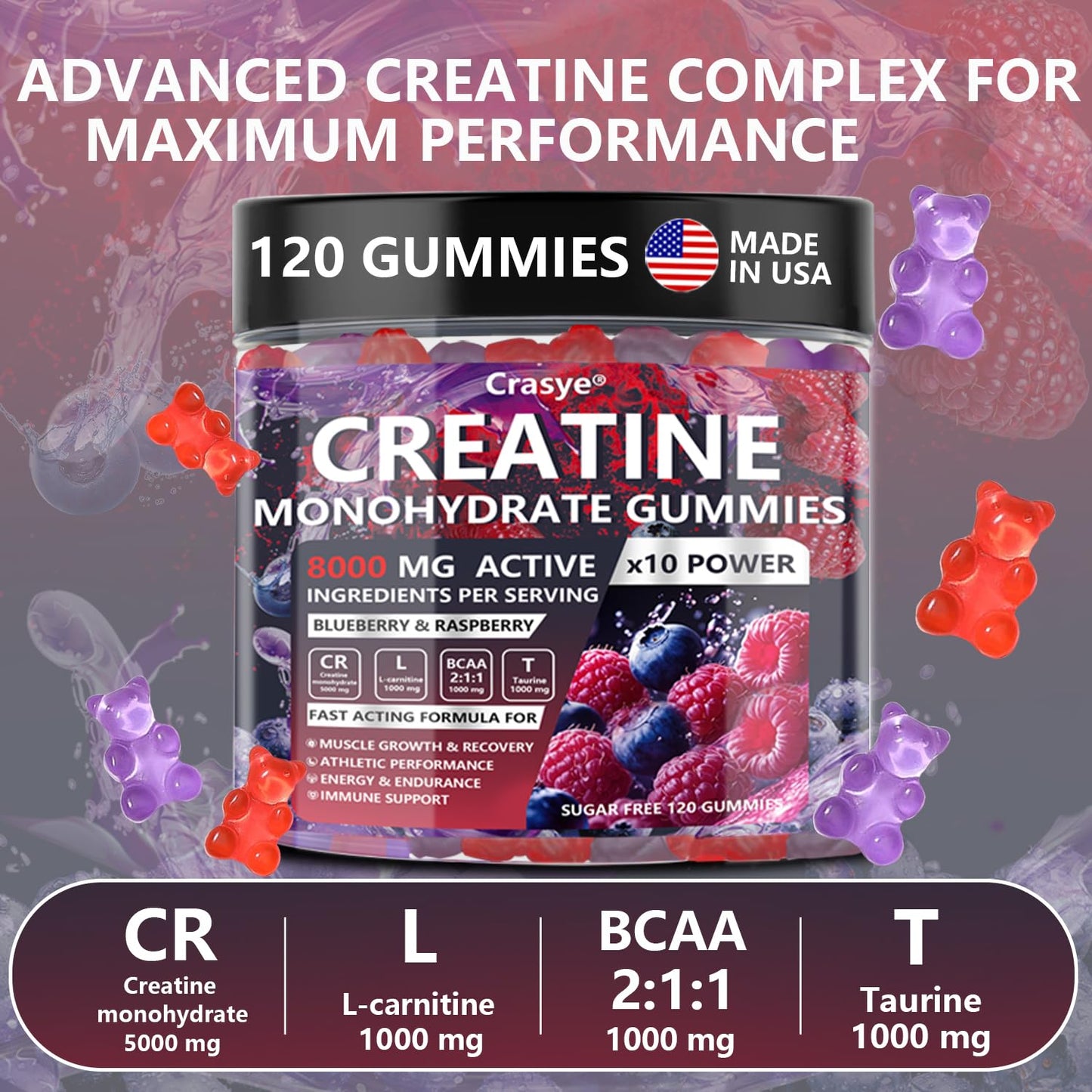 Crasye Creatine Gummies Complex 8000mg for Men and Women Creatine Monohydrate Gummy with BCAA Taurine for Muscle Strength and Energy Boost Sugar - Maple Wellness Supplements