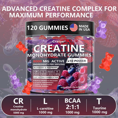 Crasye Creatine Gummies Complex 8000mg for Men and Women Creatine Monohydrate Gummy with BCAA Taurine for Muscle Strength and Energy Boost Sugar - Maple Wellness Supplements