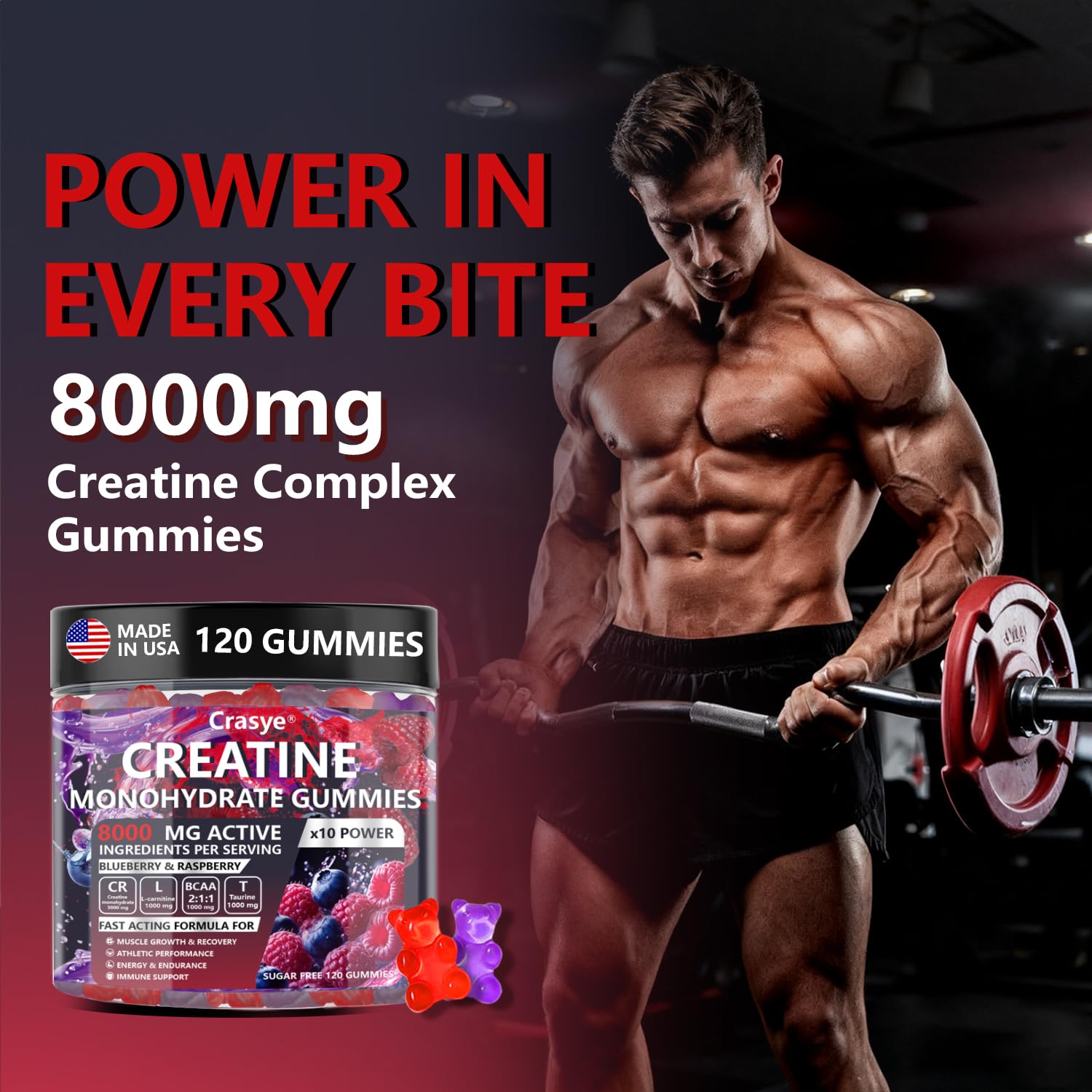 Crasye Creatine Gummies Complex 8000mg for Men and Women Creatine Monohydrate Gummy with BCAA Taurine for Muscle Strength and Energy Boost Sugar - Maple Wellness Supplements