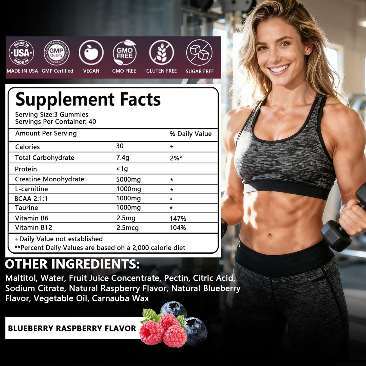 Crasye Creatine Gummies Complex 8000mg for Men and Women Creatine Monohydrate Gummy with BCAA Taurine for Muscle Strength and Energy Boost Sugar - Maple Wellness Supplements
