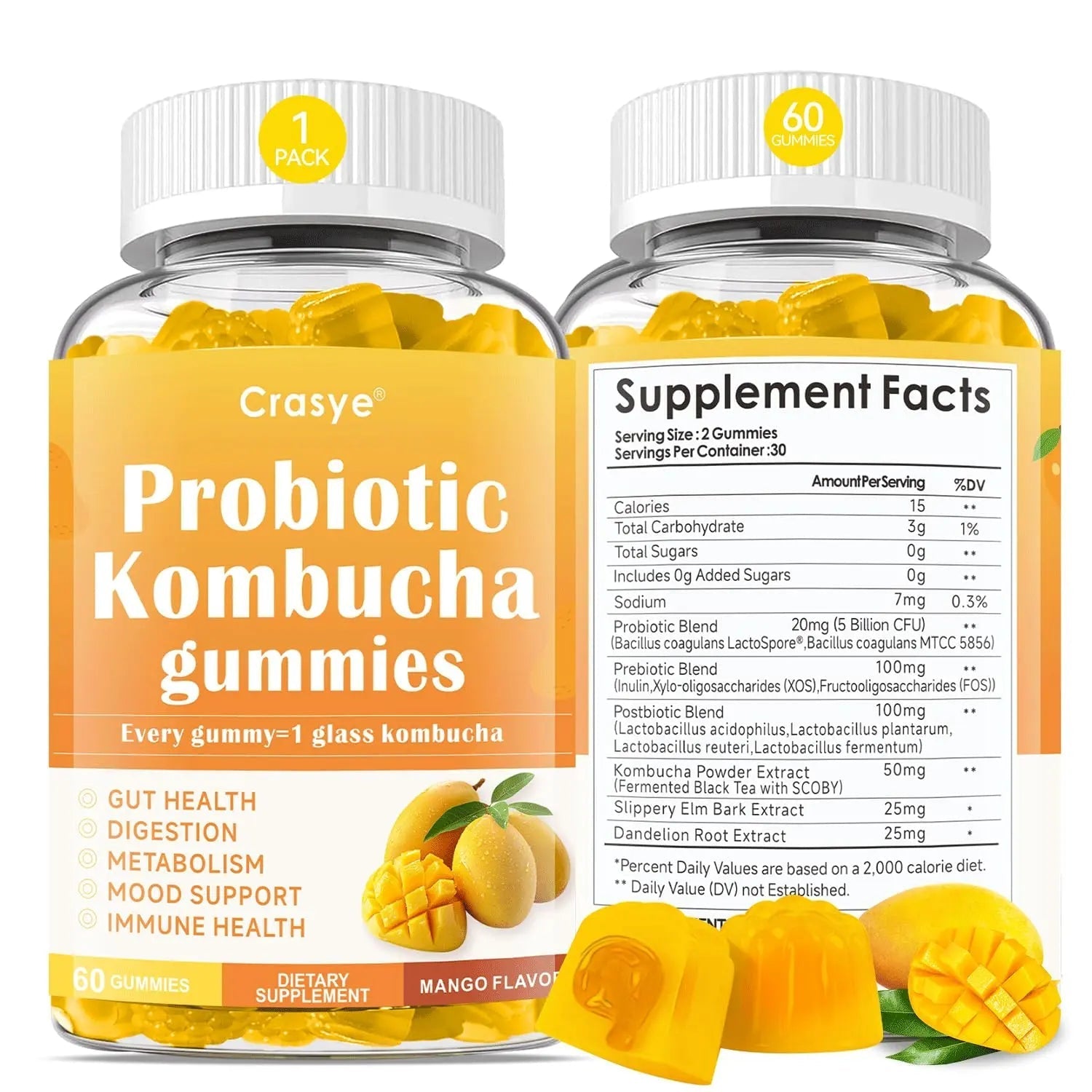 Crasye Probiotic Kombucha Gummies Sugar Free Prebiotic Postbiotic Probiotics Gummies with Slippery Elm for Women and Men Bloating Gut Health Immune and Digestive Support - 60 Gummies - 30 Servings - Maple Wellness Supplements
