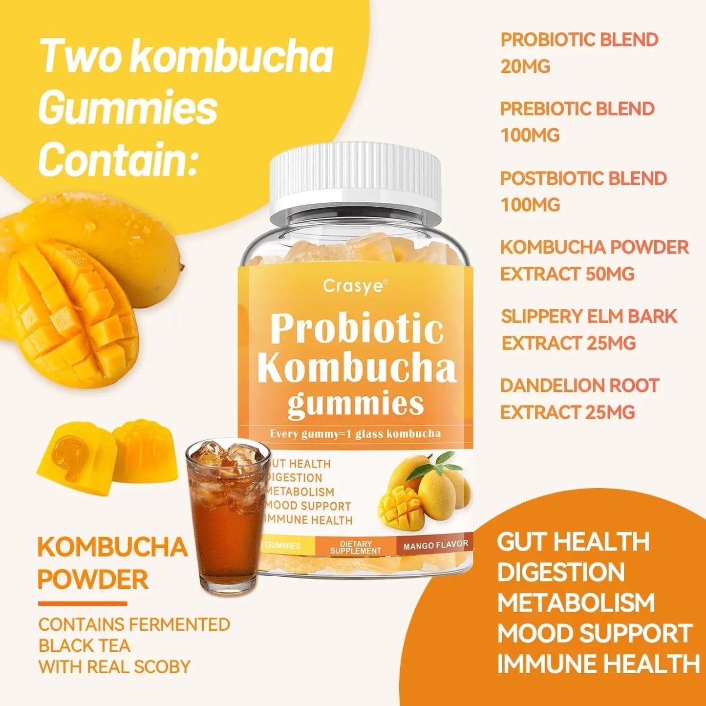 Crasye Probiotic Kombucha Gummies Sugar Free Prebiotic Postbiotic Probiotics Gummies with Slippery Elm for Women and Men Bloating Gut Health Immune and Digestive Support - 60 Gummies - 30 Servings - Maple Wellness Supplements