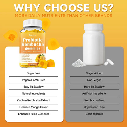 Crasye Probiotic Kombucha Gummies Sugar Free Prebiotic Postbiotic Probiotics Gummies with Slippery Elm for Women and Men Bloating Gut Health Immune and Digestive Support - 60 Gummies - 30 Servings - Maple Wellness Supplements