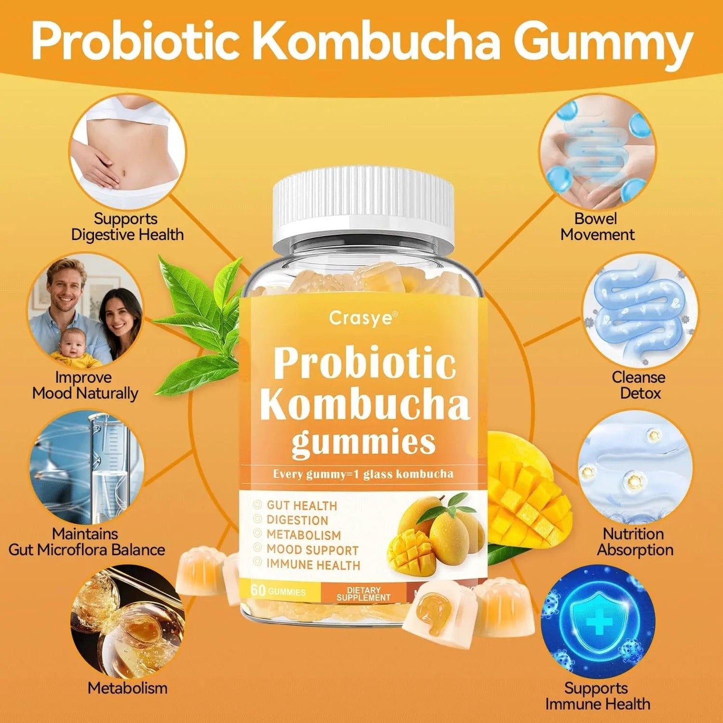 Crasye Probiotic Kombucha Gummies Sugar Free Prebiotic Postbiotic Probiotics Gummies with Slippery Elm for Women and Men Bloating Gut Health Immune and Digestive Support - 60 Gummies - 30 Servings - Maple Wellness Supplements